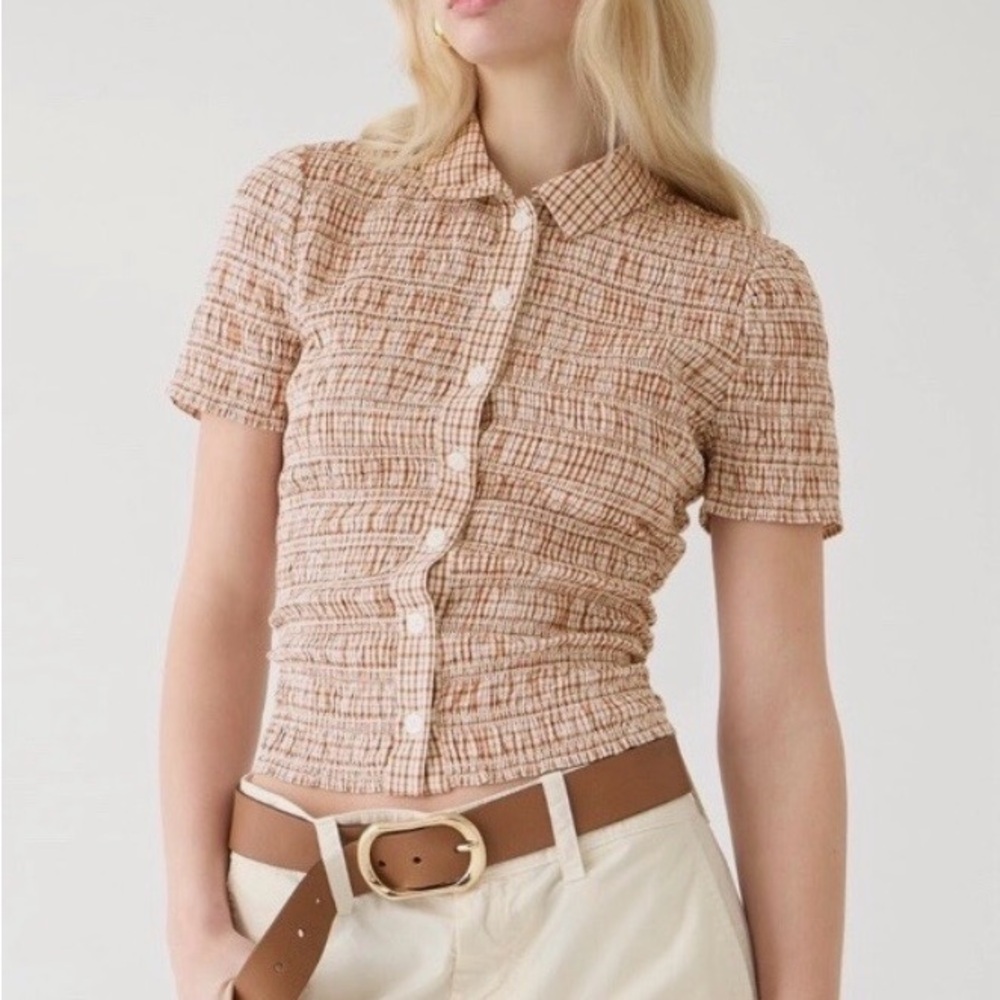 J. Crew Gingham Shirred Button Down